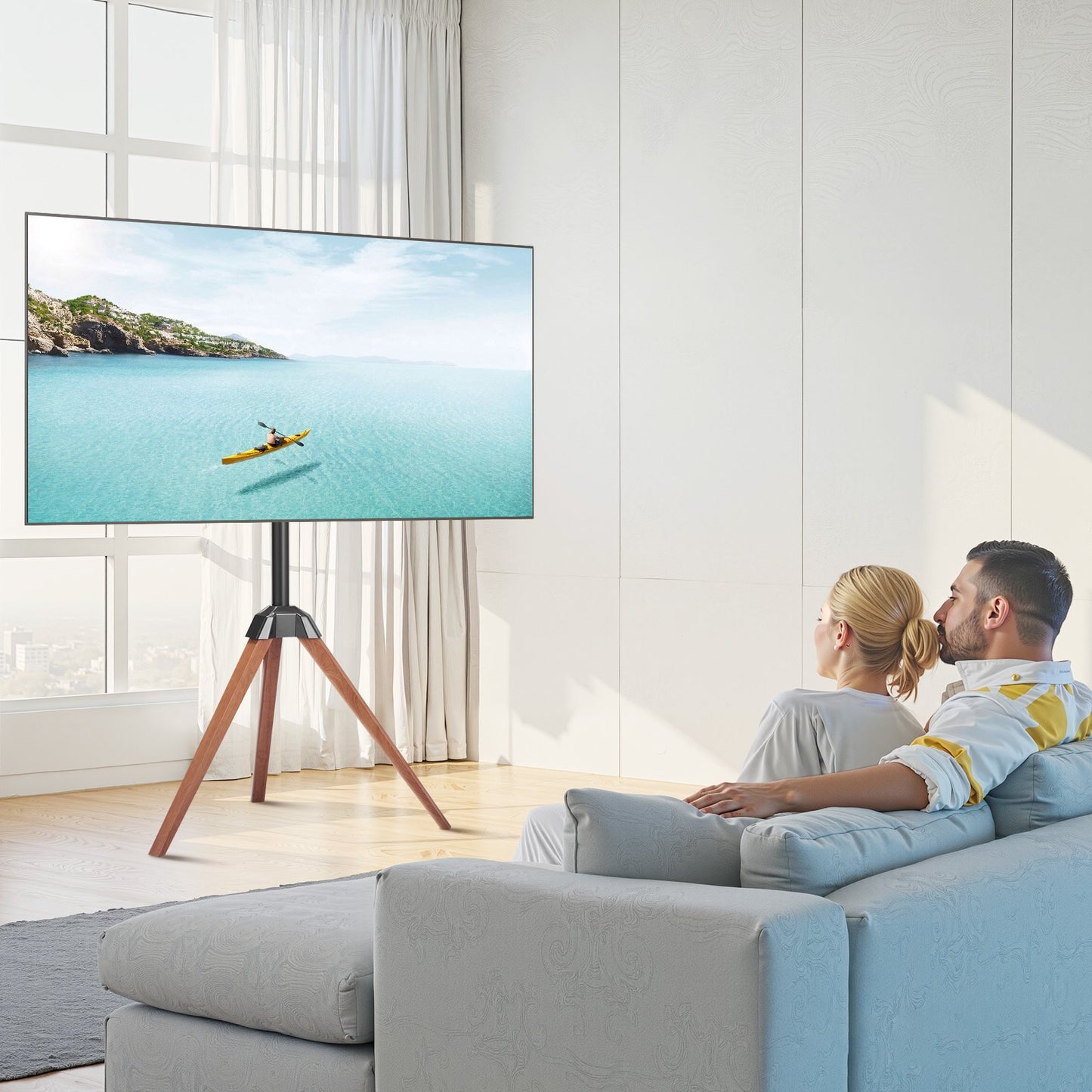 Tripod Easel TV Stand Wood Legs Holds up to 99 lbs for 40-65 Inch Screens