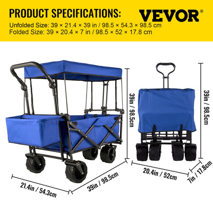 Folding Wagon Cart, Collapsible Folding Garden Cart w/ Shade Beach Utility