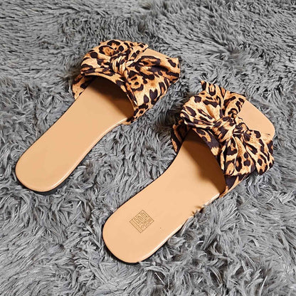 New Leopard Print Bow Decor Slide Sandals, Faux Suede Sz 7.5