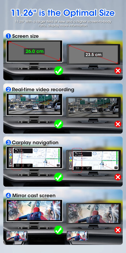 11.26" Car DVR 4K Dash Cam Dual Lens Wireless Carplay & Android Video Recorder