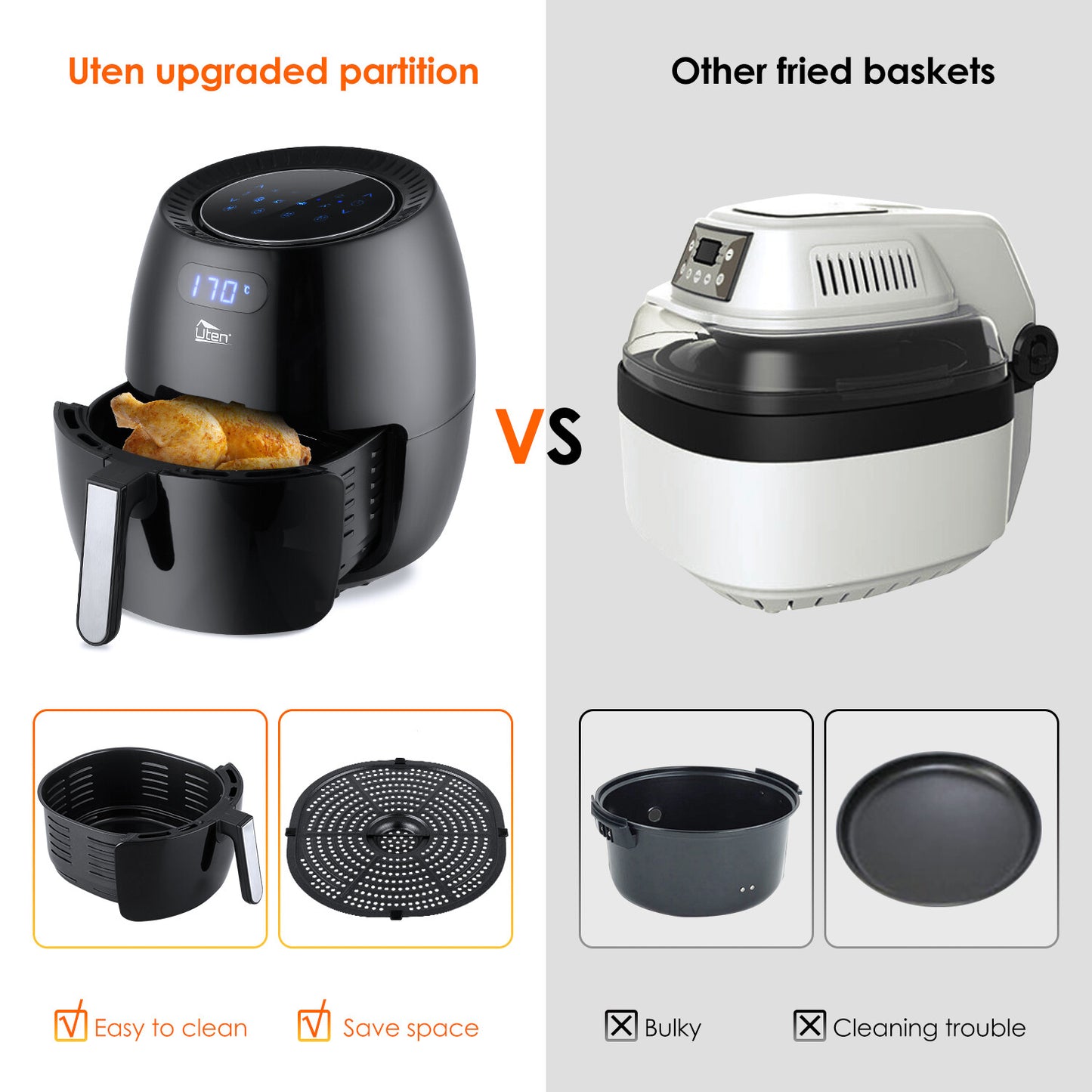UTEN 5Qt/5.9Qt Electric Air Fryer Hot Oven Oilless Cooker Time/Temp Control