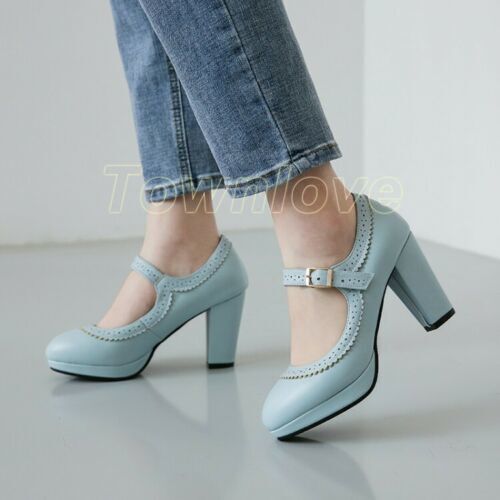 Womens Mary Jane Shoes Ankle Buckle Chunky Heels Pumps Round Toe Casual Shoes Sz