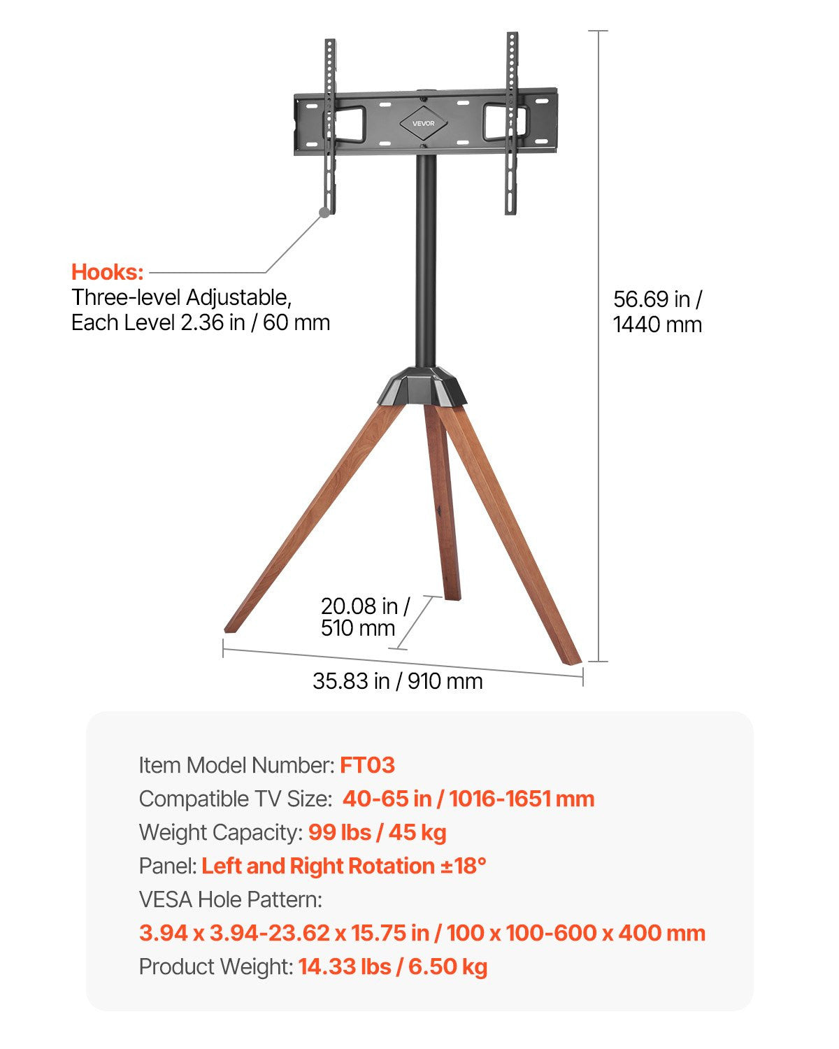 Tripod Easel TV Stand Wood Legs Holds up to 99 lbs for 40-65 Inch Screens