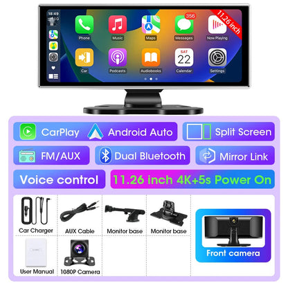 11.26" Car DVR 4K Dash Cam Dual Lens Wireless Carplay & Android Video Recorder