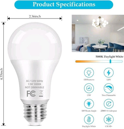 A19 LED Light Bulb, 100 Watt Equivalent LED Bulbs, 13W Daylight White 5000K