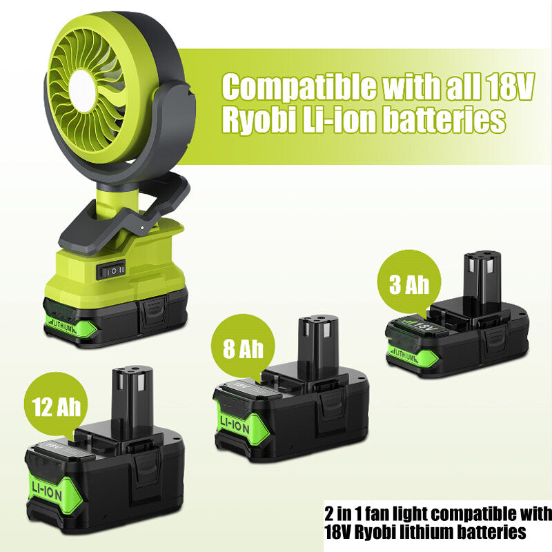 Portable Cordless Jobsite Fan For Ryobi 18V Battery With Led Light Outdoor