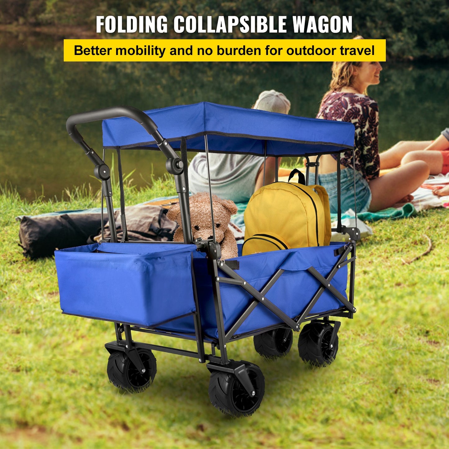 Folding Wagon Cart, Collapsible Folding Garden Cart w/ Shade Beach Utility