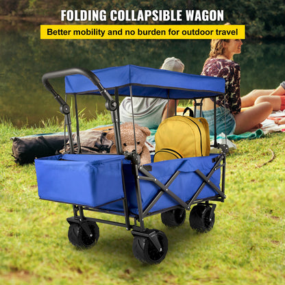 Folding Wagon Cart, Collapsible Folding Garden Cart w/ Shade Beach Utility