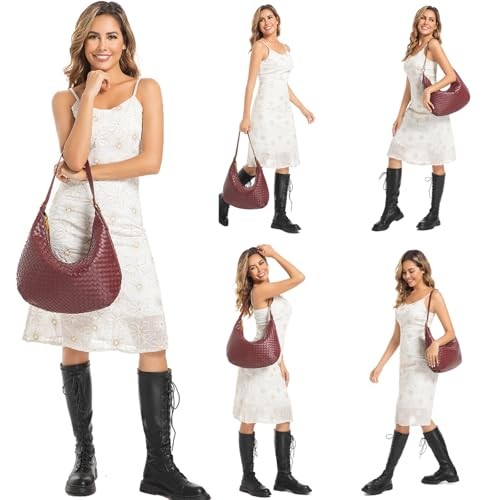 Shoulder Handbags Shoulder Bag for Women Totes Woven Vegan Leather Bag Burgundy