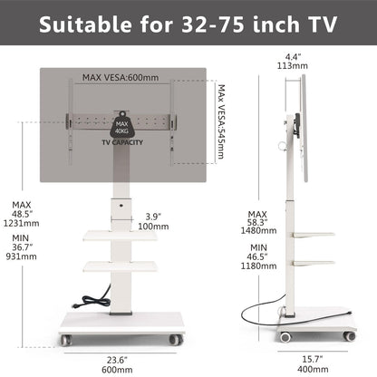 Rolling TV Stand for 32-75 Inch TVs, Portable Mobile TV Stand on Wheels with ...