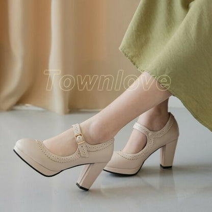 Womens Mary Jane Shoes Ankle Buckle Chunky Heels Pumps Round Toe Casual Shoes Sz