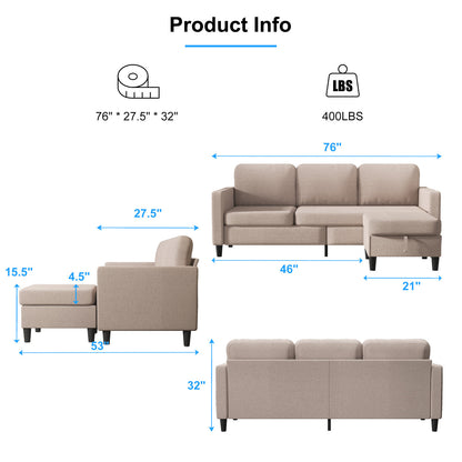 Small Sectional Sofa with Storage Ottoman,3 Seater L Shaped Sofa for Living Room
