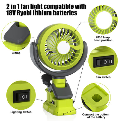 Portable Cordless Jobsite Fan For Ryobi 18V Battery With Led Light Outdoor