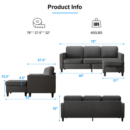 Small Sectional Sofa with Storage Ottoman,3 Seater L Shaped Sofa for Living Room