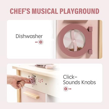 Play Kitchen for Kids Toddlers, Wooden Play Kitchen with Realistic Pink